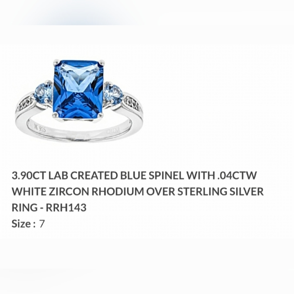 NWT 3.90CT LAB CREATED BLUE SPINEL WITH .04CTW WHITE ZIRCON‎ RHODIUM OVER SS